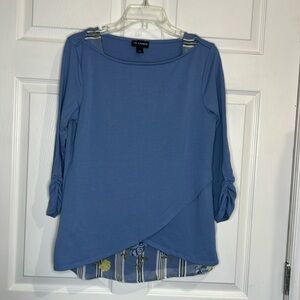 I. N. Studio Women’s Blue pullover w/ Crossover hem & Floral trim - Size Medium